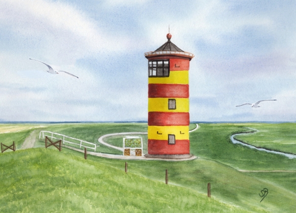 Poster DIN-A3 Aquarell Maritim Kunst Druck Kunstdruck Nordsee Ostfriesland Greetsiel Pilsumer Leuchtturm Pilsum Schafe Deich